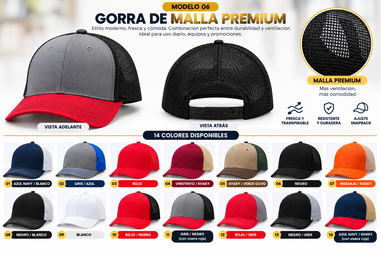 Catálogo de gorras de malla premium con combinaciones de colores