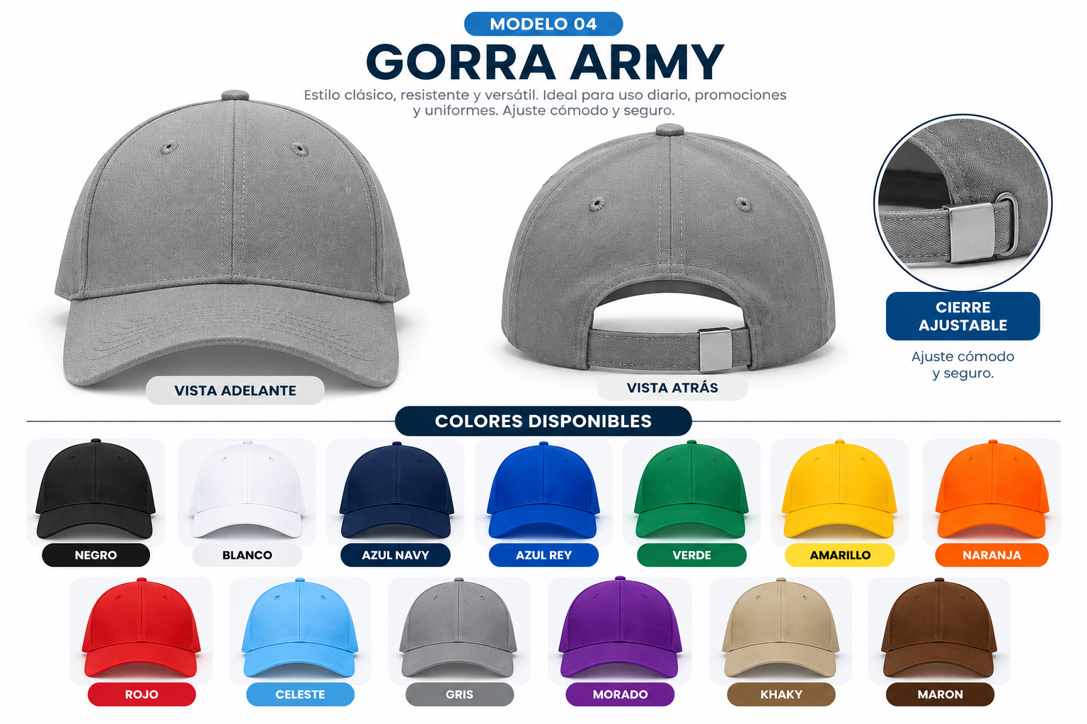 Catálogo de gorras Army en varios colores