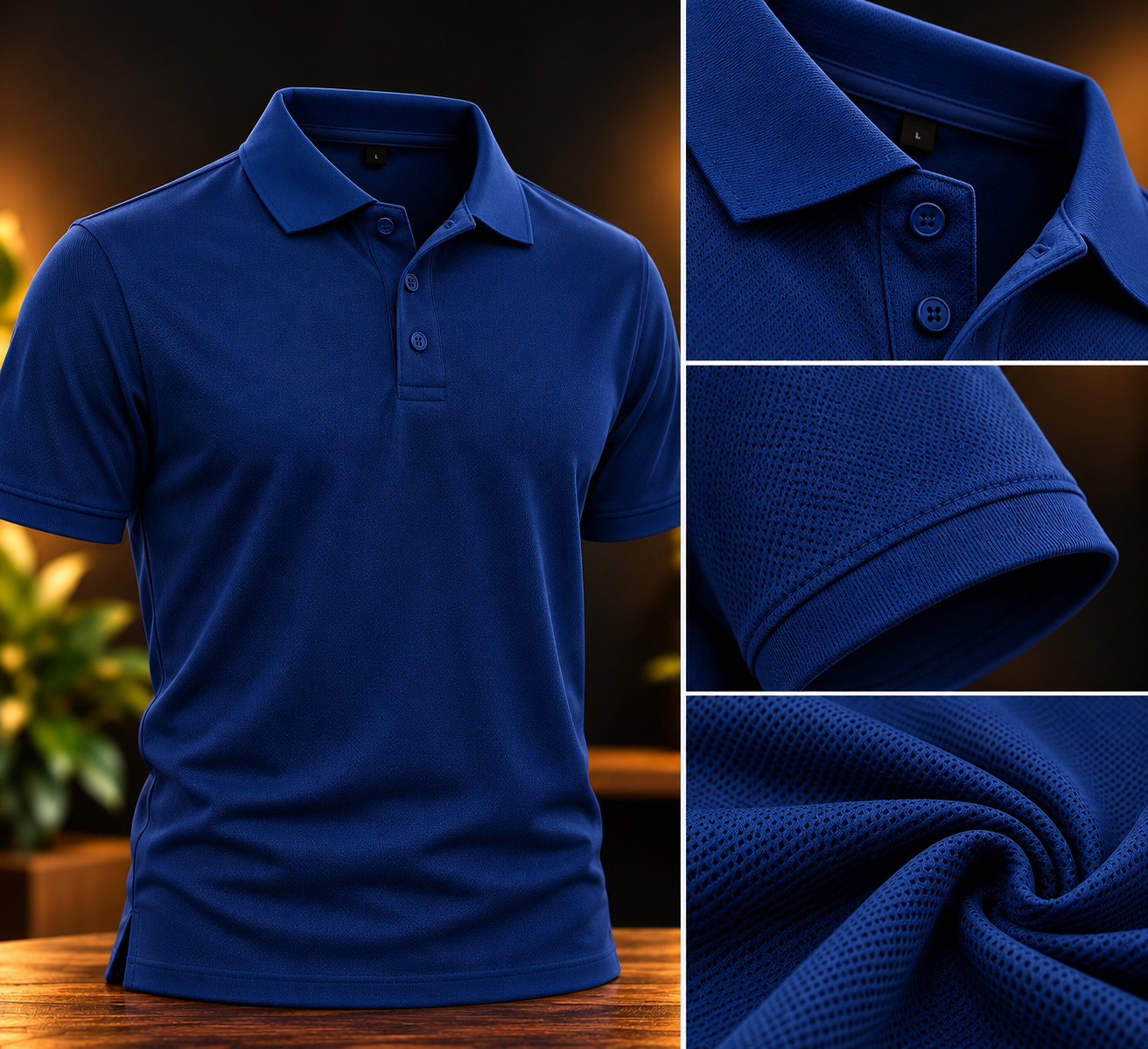 Polo Dry Fit azul con detalles de tela